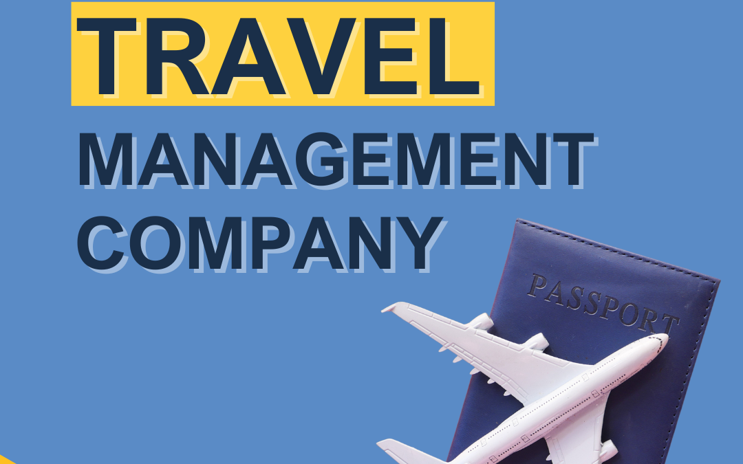 Travel Management Company text with a small model plane sat on a passport.